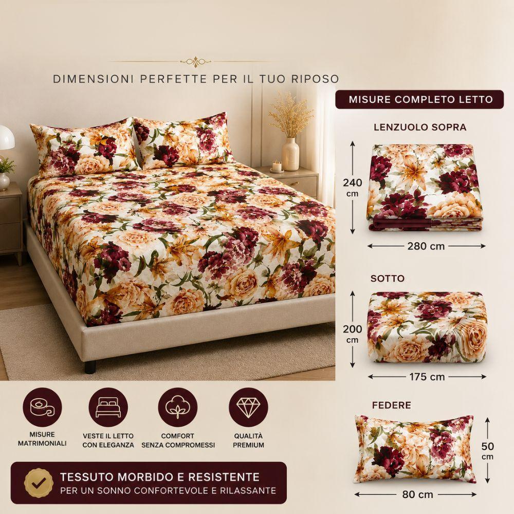 Lenzuolo matrimoniale fantasia floreale 280u00d7175 cm su letto con federe