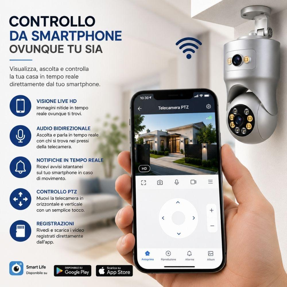 telecamera wi-fi con visione notturna a colori audio bidirezionale e controllo da app - foto 2 Controllo da smartphone della telecamera montata su parete con app dedicata