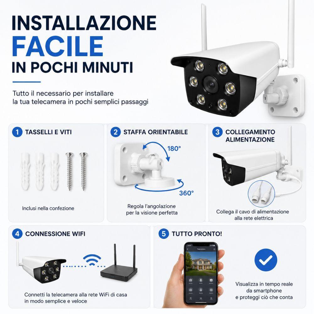 telecamera wi-fi con visione notturna a colori audio bidirezionale e controllo da app - foto 4 Installazione facile con componenti inclusi, router Wi-Fi e controllo tramite app da smartphone
