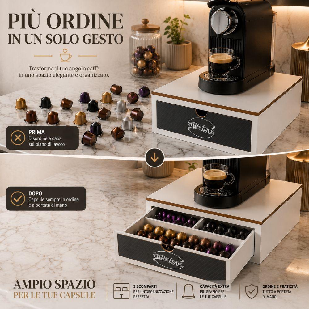 porta cialde in legno con cassetto estraibile 3 scomparti organizer salvaspazio per angolo caffè - foto 3 Cassetto estraibile aperto con tre scomparti in legno per organizzare e contenere cialde caffè