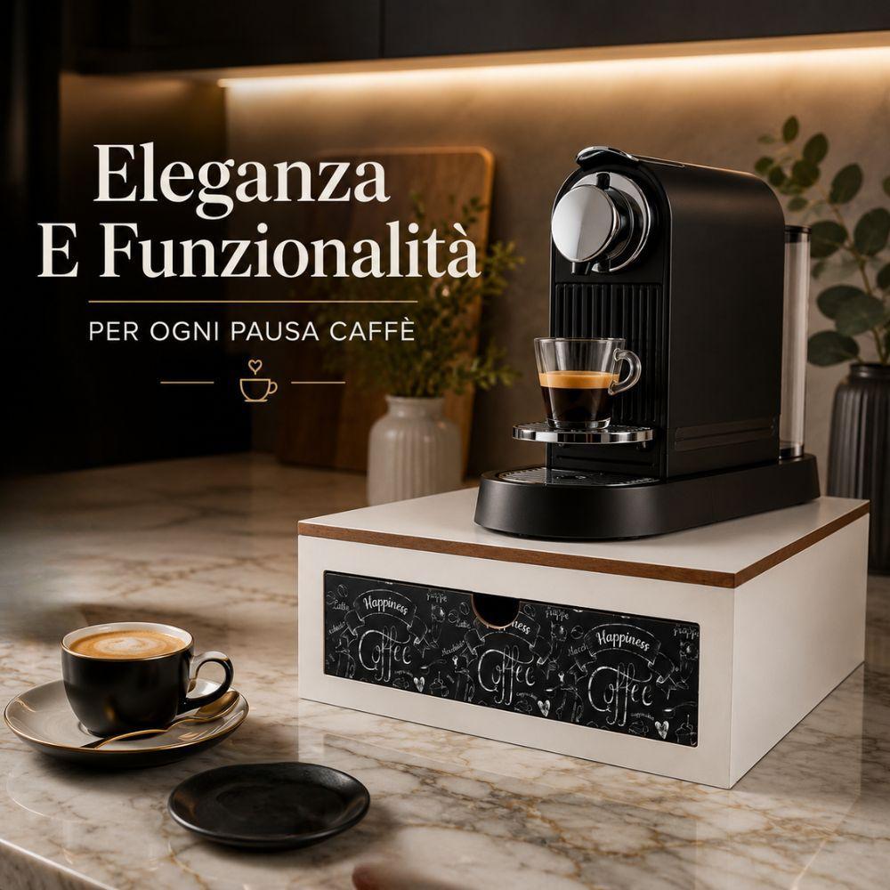 porta cialde in legno con cassetto estraibile 3 scomparti organizer salvaspazio per angolo caffè - foto 4 Porta cialde in legno sotto macchina caffè, cassetto con capsule organizzate, tazza e design elegante