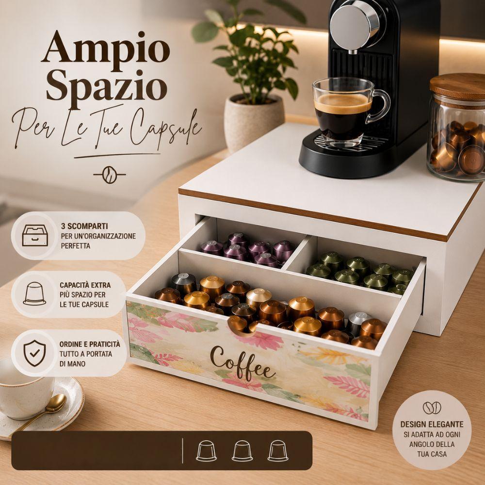 porta cialde in legno con cassetto estraibile 3 scomparti organizer salvaspazio per angolo caffè - foto 5 Dettaglio della porta cialde in legno con cassetto, organizzazione scomparti
