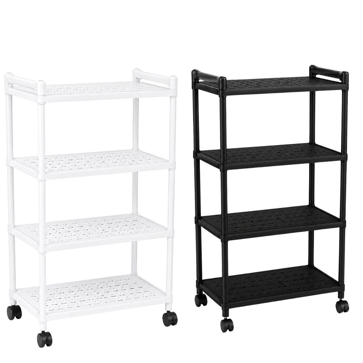 scaffale multiuso a 4 ripiani con rotelle portaoggetti salvaspazio in plastica resistente - foto 1 Scaffale multiuso a 4 ripiani con rotelle, disponibile in bianco e nero