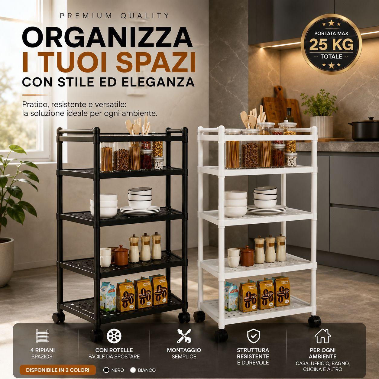 scaffale multiuso a 4 ripiani con rotelle portaoggetti salvaspazio in plastica resistente - foto 5 Scaffale multiuso con 4 ripiani in plastica resistente, equipaggiato di rotelle