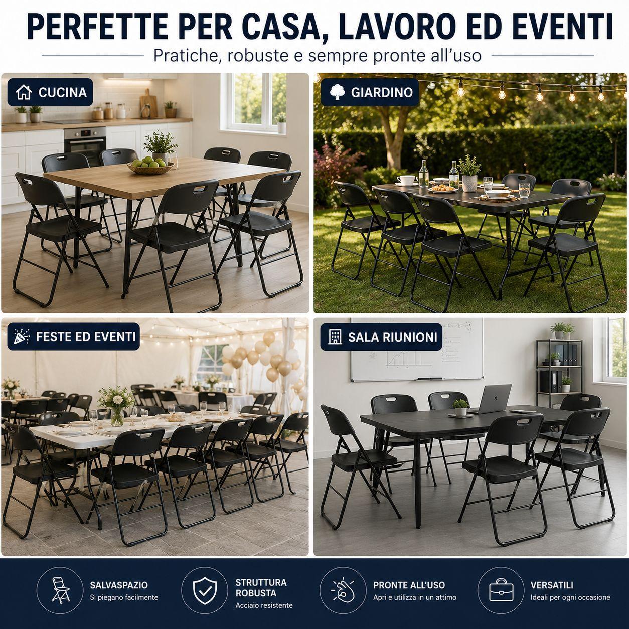 set 6 sedie pieghevoli salvaspazio nere per casa, ufficio, eventi e giardino - foto 3 Sedie in 4 ambienti: cucina, giardino, ufficio, sala - praticità, robustezza, durata, versatilità