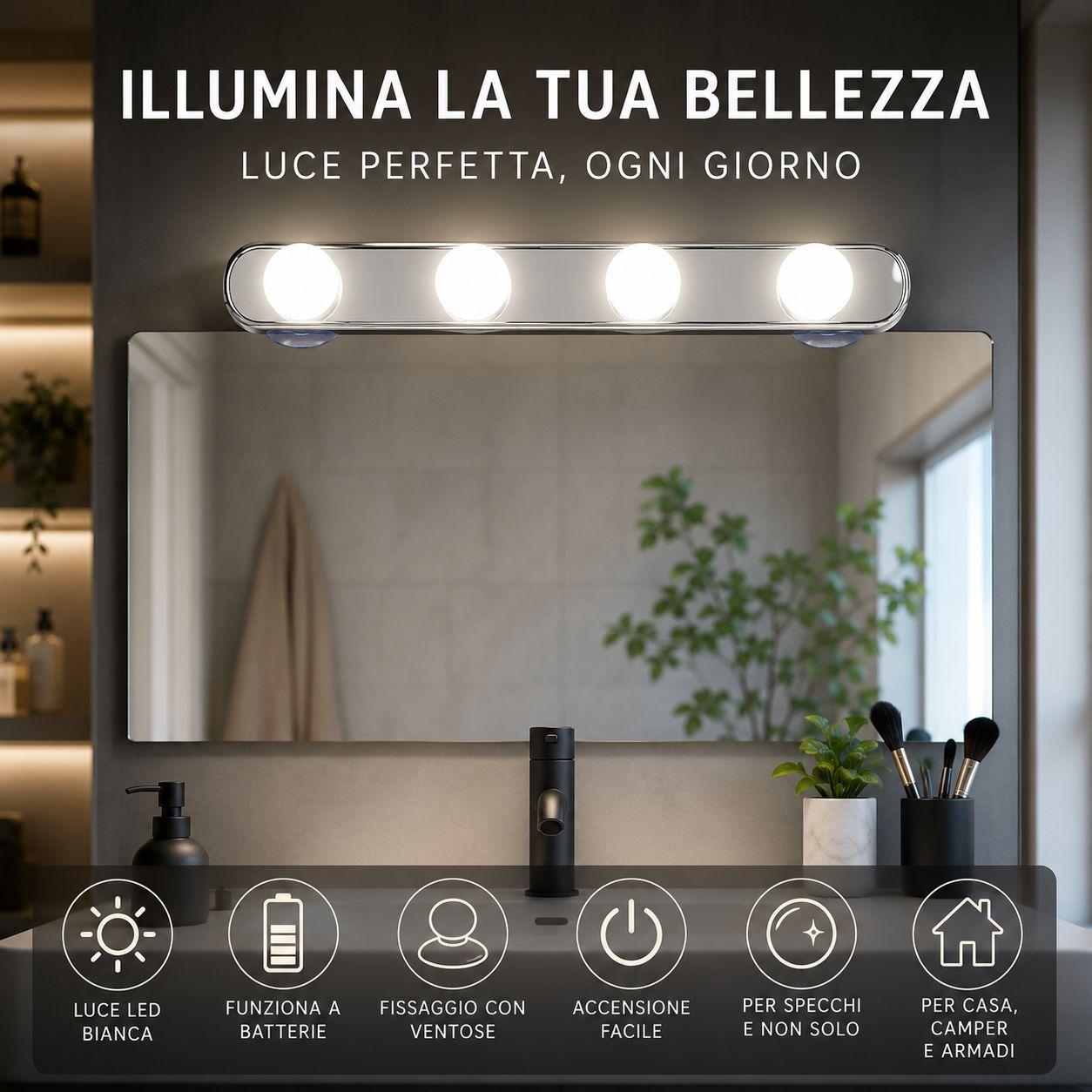 lampada led per specchio con 4 luci a batterie e fissaggio con ventose - foto 2 lampada led per specchio con 4 luci a batterie e fissaggio con ventose - foto 2