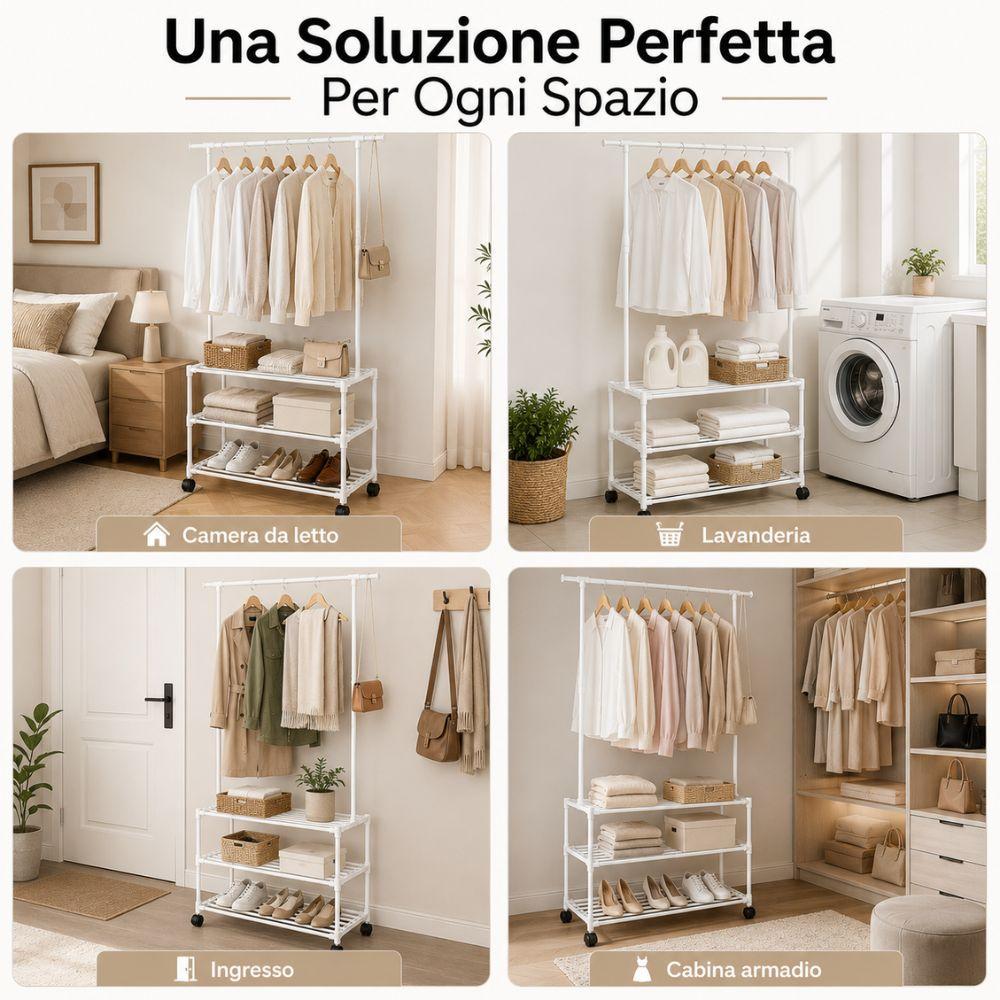 appendiabiti con 3 ripiani e rotelle salvaspazio 98x35x164 cm - foto 4 appendiabiti con 3 ripiani e rotelle salvaspazio 98x35x164 cm - foto 4