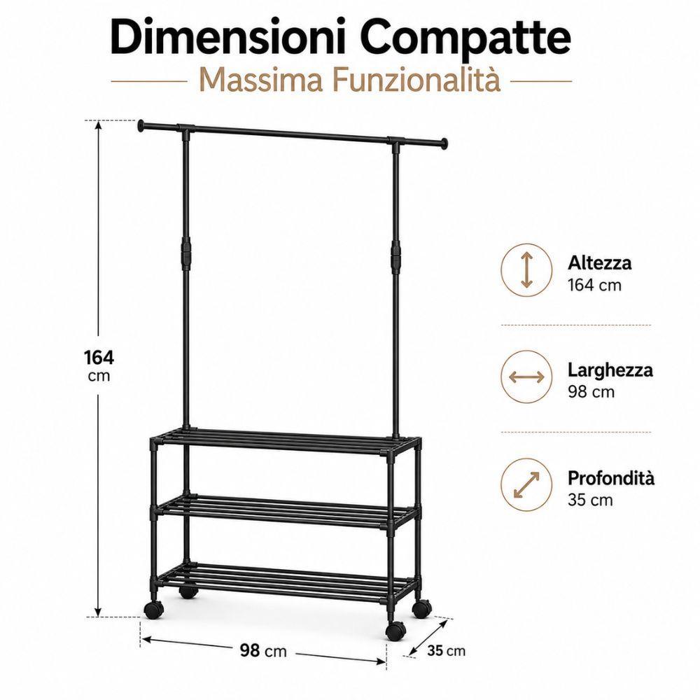 appendiabiti con 3 ripiani e rotelle salvaspazio 98x35x164 cm - foto 5 appendiabiti con 3 ripiani e rotelle salvaspazio 98x35x164 cm - foto 5