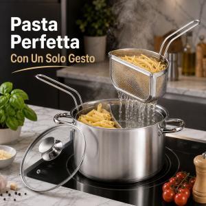 Pentola bollipasta con 2 cestelli e coperchio in vetro acciaio inox