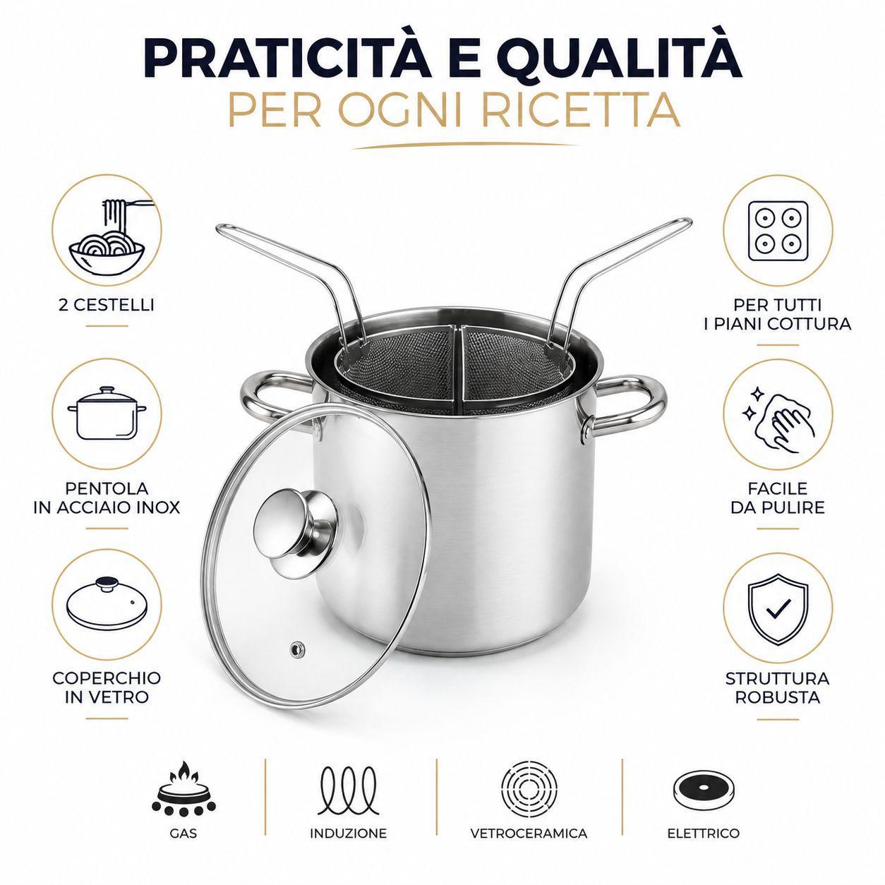  pentola bollipasta con 2 cestelli e coperchio in vetro acciaio inox - foto 3