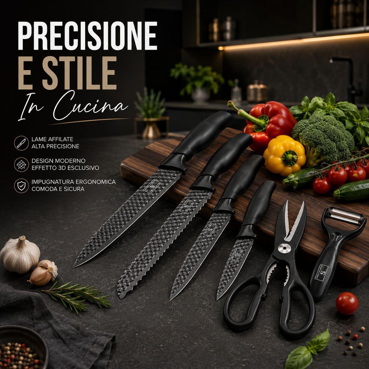  set coltelli da cucina 6 pezzi con lame texturizzate, forbici e pelapatate - foto 2