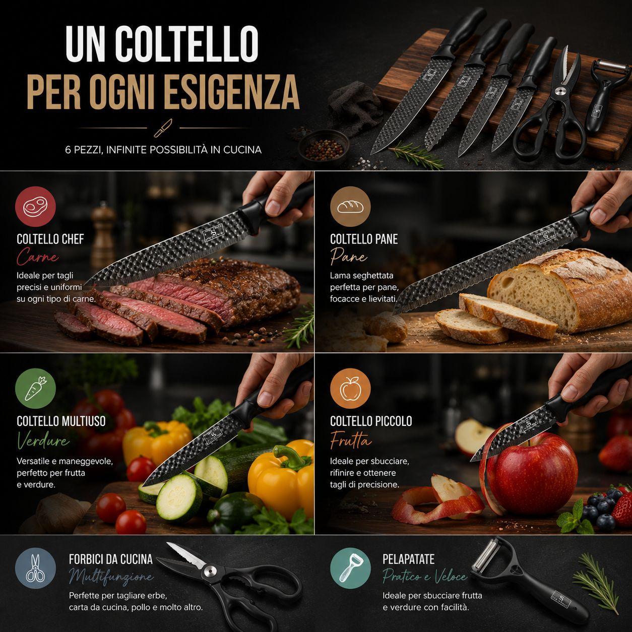  set coltelli da cucina 6 pezzi con lame texturizzate, forbici e pelapatate - foto 3