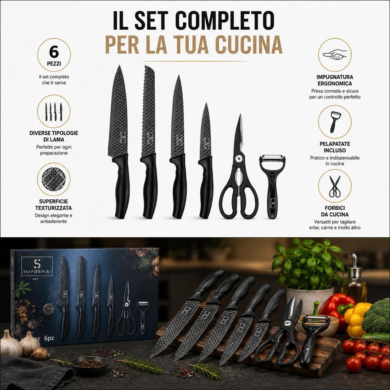  set coltelli da cucina 6 pezzi con lame texturizzate, forbici e pelapatate - foto 4