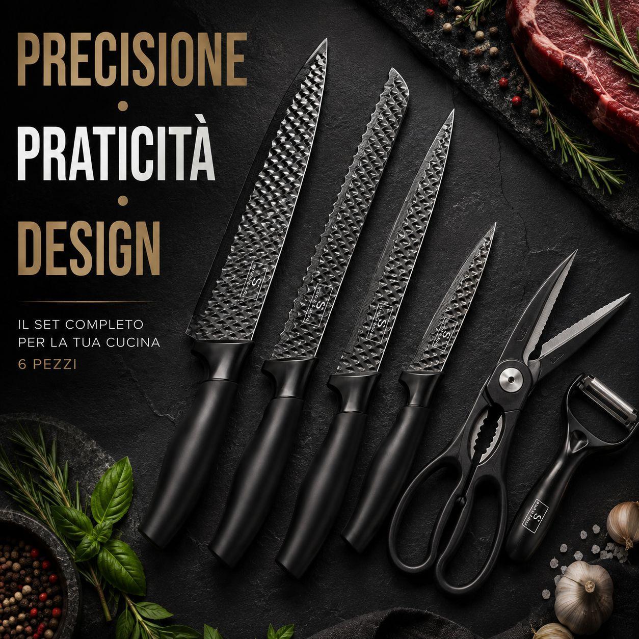  set coltelli da cucina 6 pezzi con lame texturizzate, forbici e pelapatate - foto 5