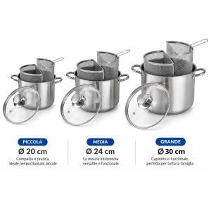 Pentola in acciaio inox con 2 cestelli semicircolari e coperchio in vetro  cuocipasta scolapasta 20/24/28 cm