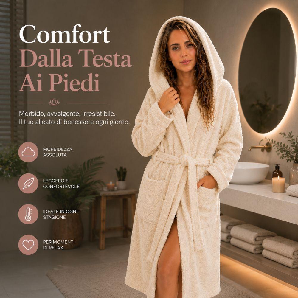 Accappatoio unisex con cappuccio, dettagli delle tasche e della cintura