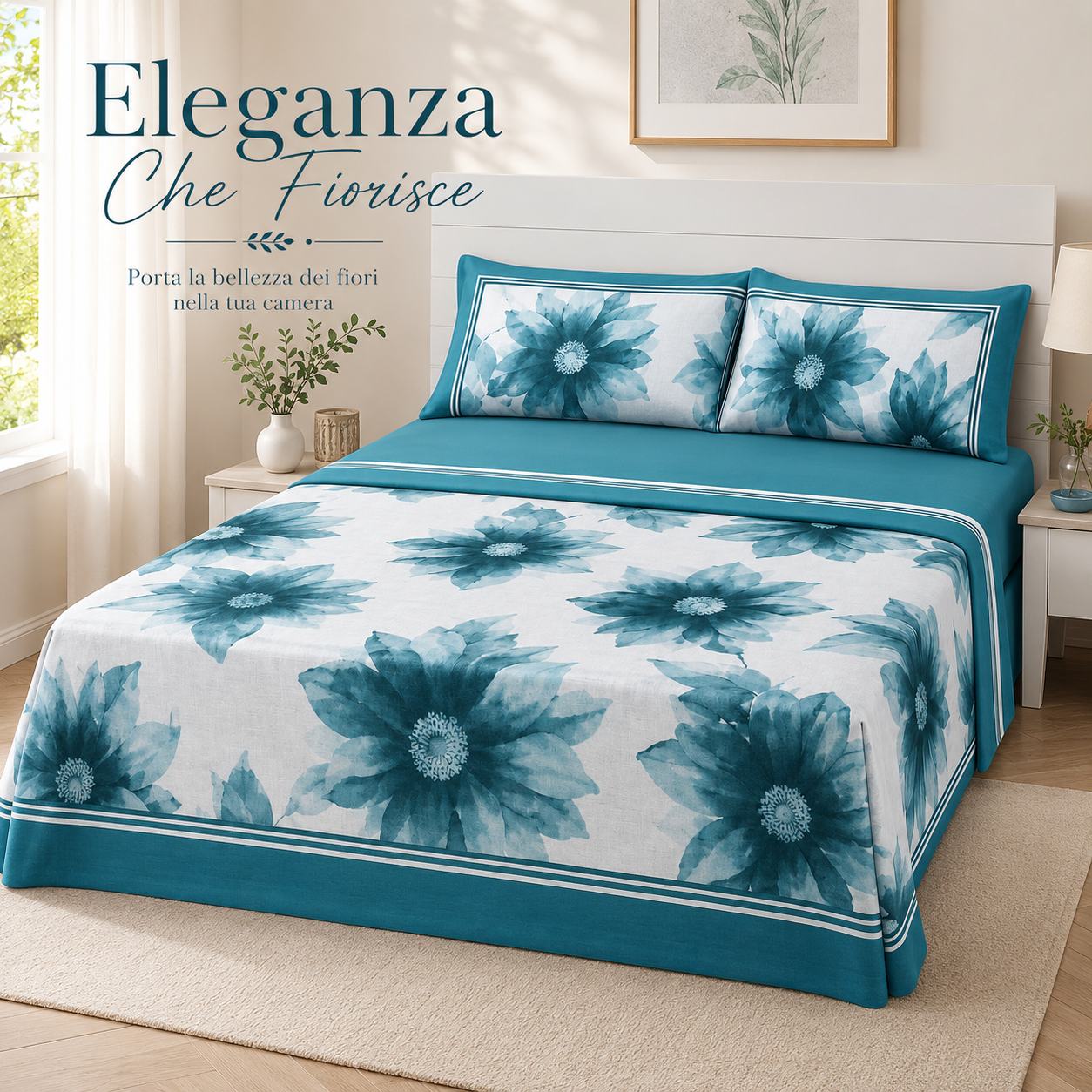 Completo letto matrimoniale con motivo floreale blu, federe coordinate e biancheria sulla camera