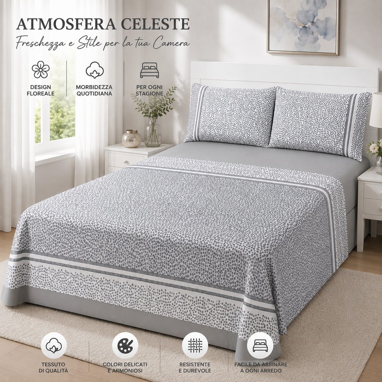 Completo letto matrimoniale grigio in camera: lenzuola e federe coordinate, dettagli costruttivi visibili