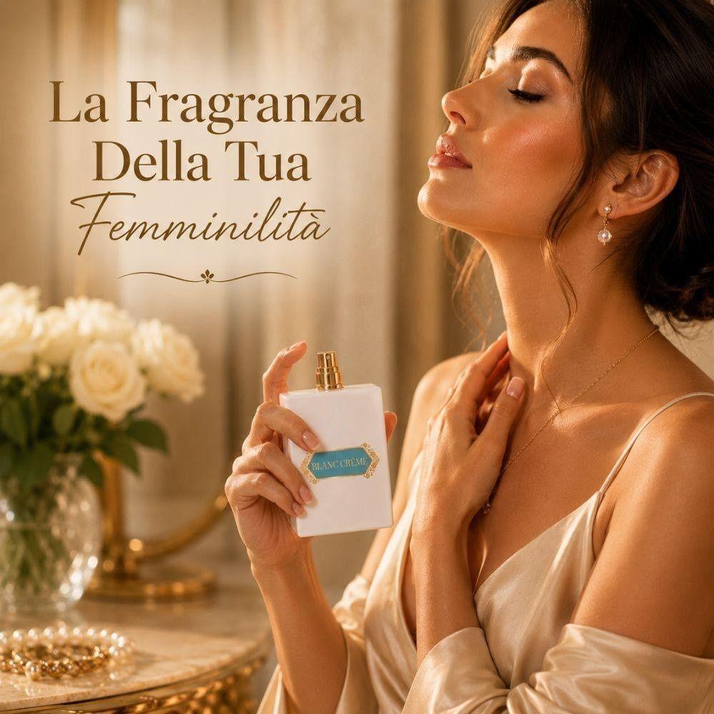 Donna applica profumo Blanc Crème da flacone bianco su pelle, sfondo luminoso