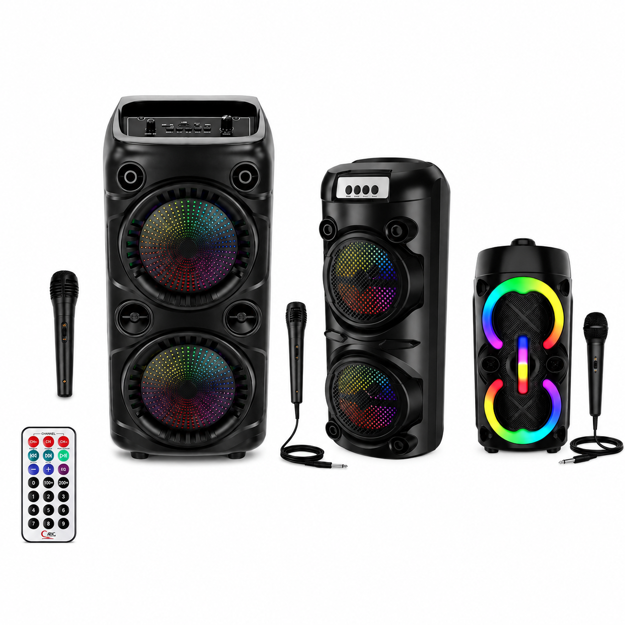 Sistema audio portatile completo con tre diffusori, due microfoni e telecomando