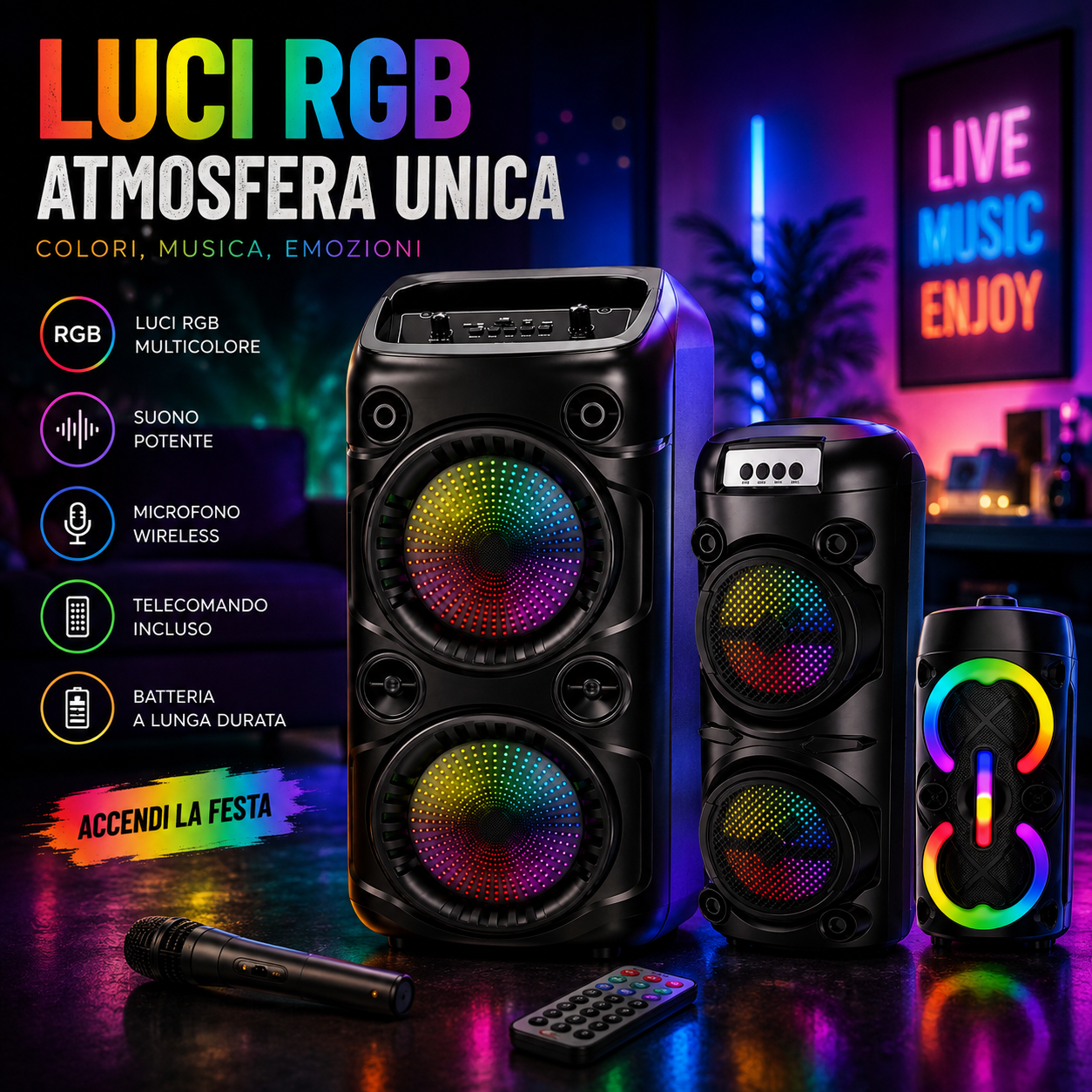 Dettaglio degli effetti luminosi LED integrati nel sistema audio