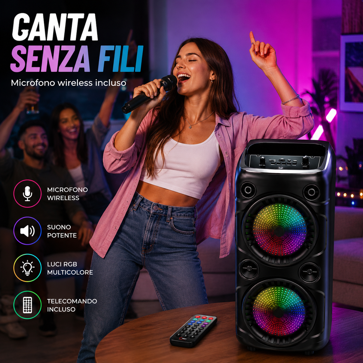 Sistema audio portatile con microfono, diffusore e effetti luce LED integrati