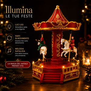 Piccola giostra natalizia carosello con cavalli in movimento luci led e melodia decorazione di natale 19,5 cm