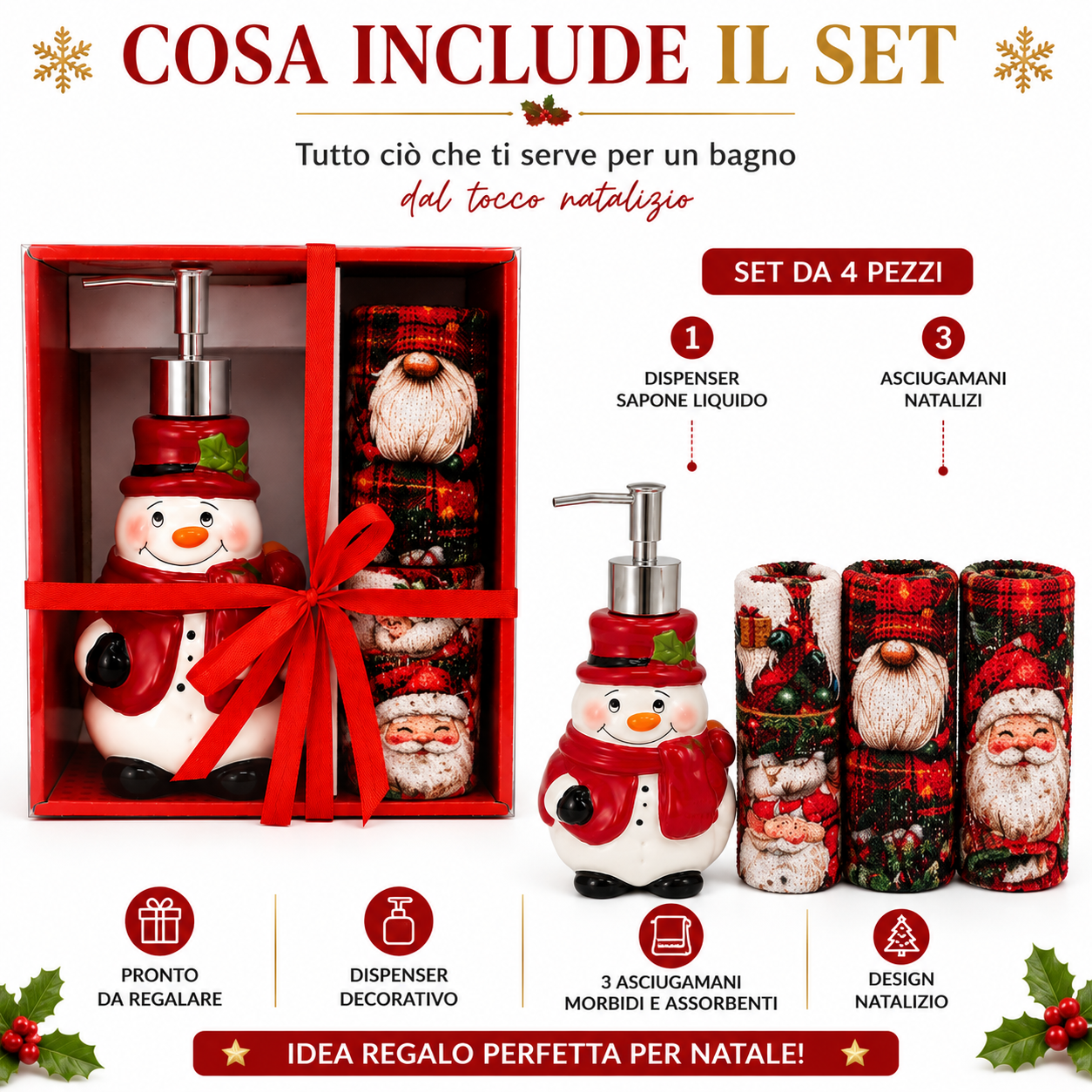  set regalo natalizio dispenser sapone con 3 asciugamani decorativi varianti babbo natale pupazzo di neve e gnomo - foto 4