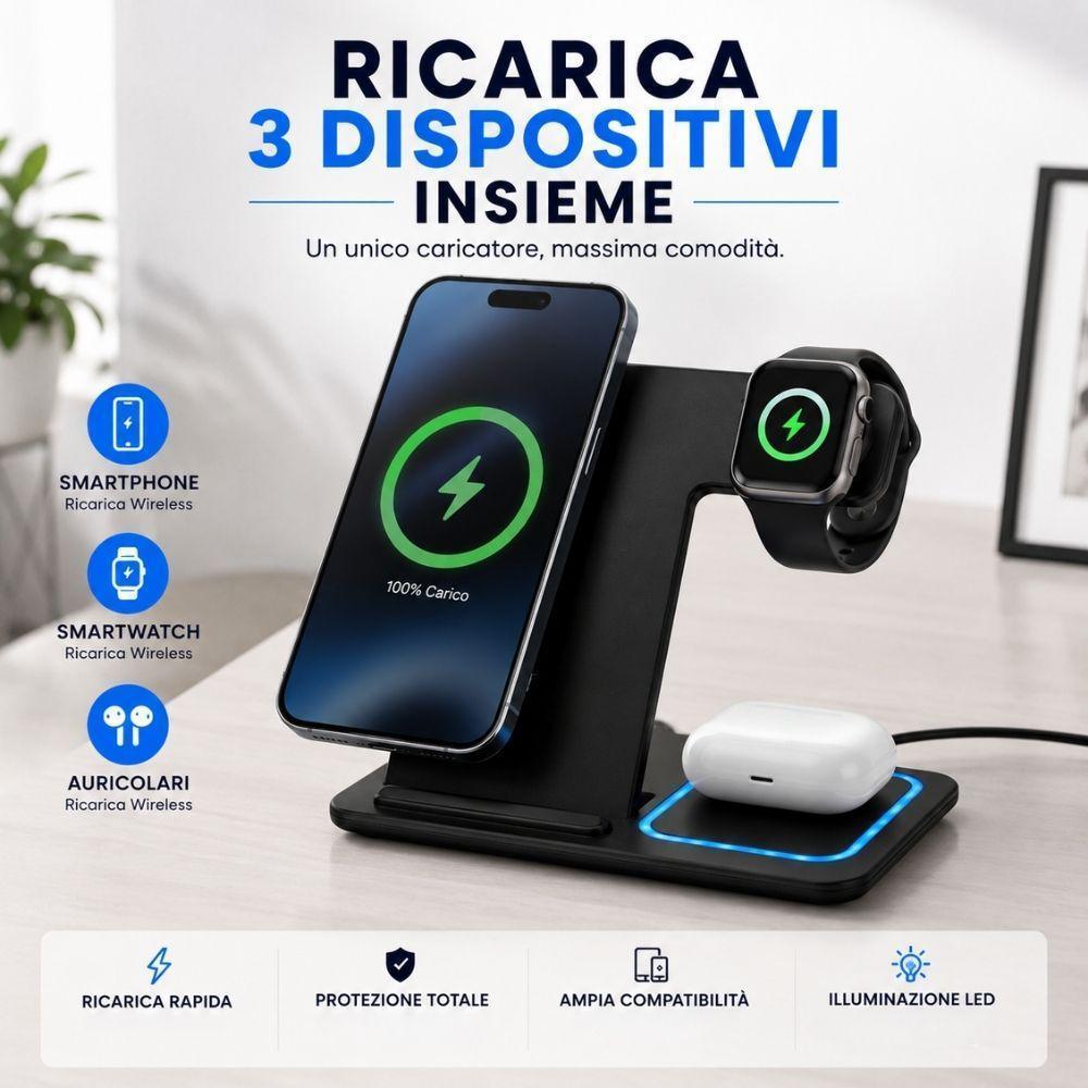  stazione di ricarica wireless 3 in 1 per smartphone smartwatch e auricolari - foto 2