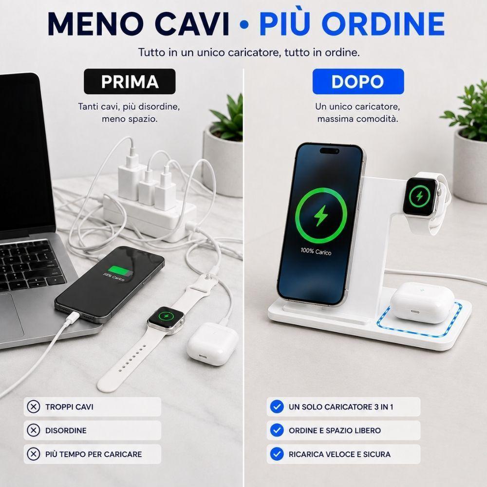  stazione di ricarica wireless 3 in 1 per smartphone smartwatch e auricolari - foto 3