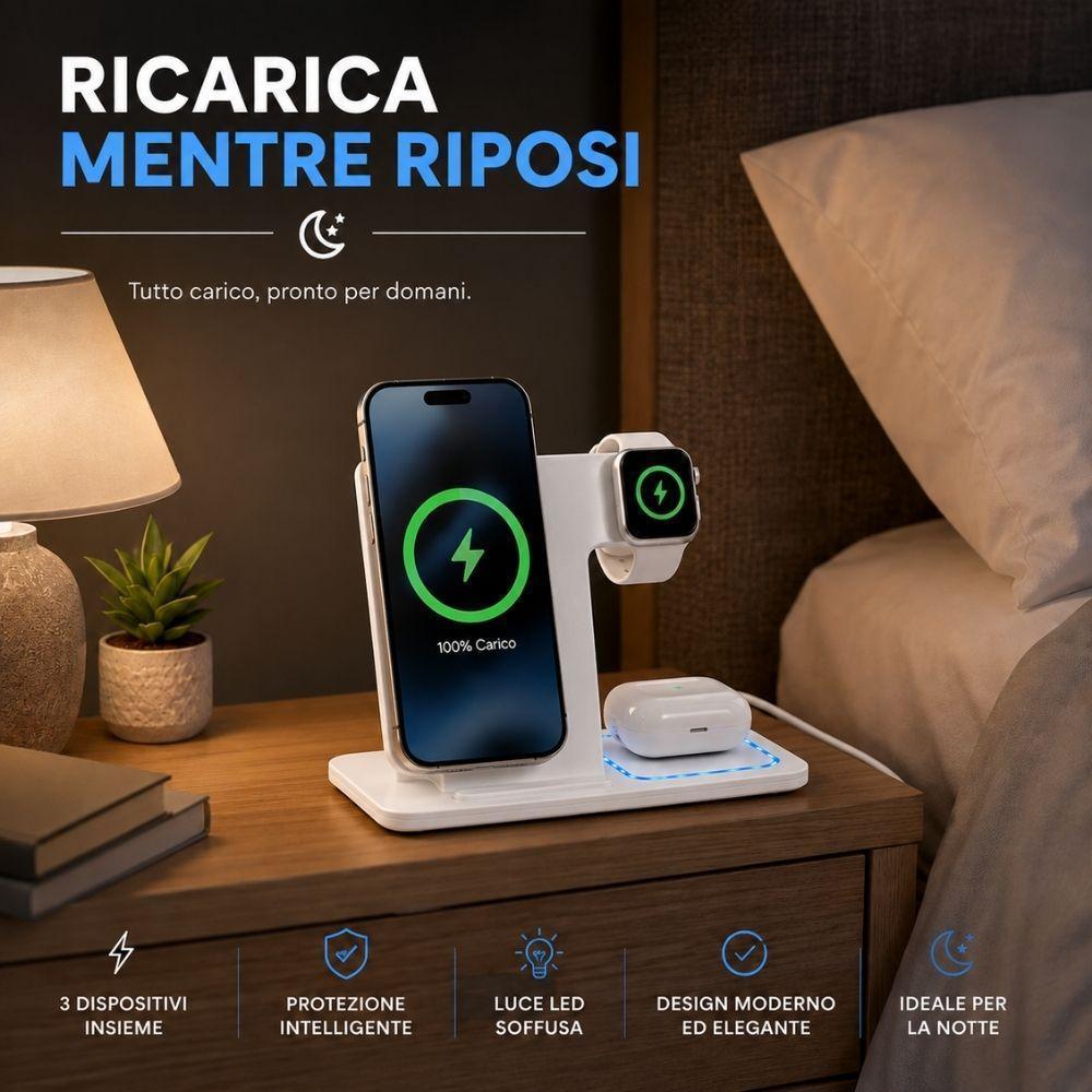  stazione di ricarica wireless 3 in 1 per smartphone smartwatch e auricolari - foto 5