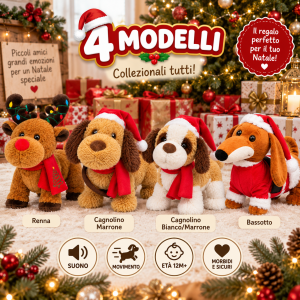Peluche natalizio interattivo con movimento e suono – cagnolino e renna – decorazione e idea regalo di natale