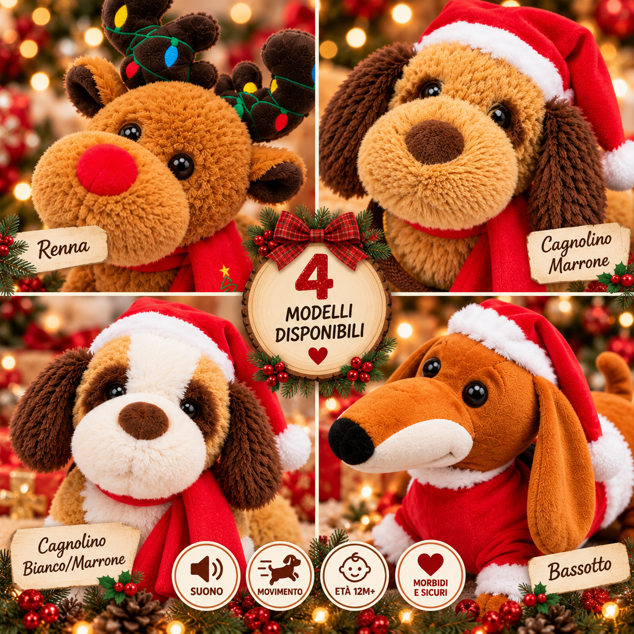  peluche natalizio interattivo con movimento e suono – cagnolino e renna – decorazione e idea regalo di natale - foto 4