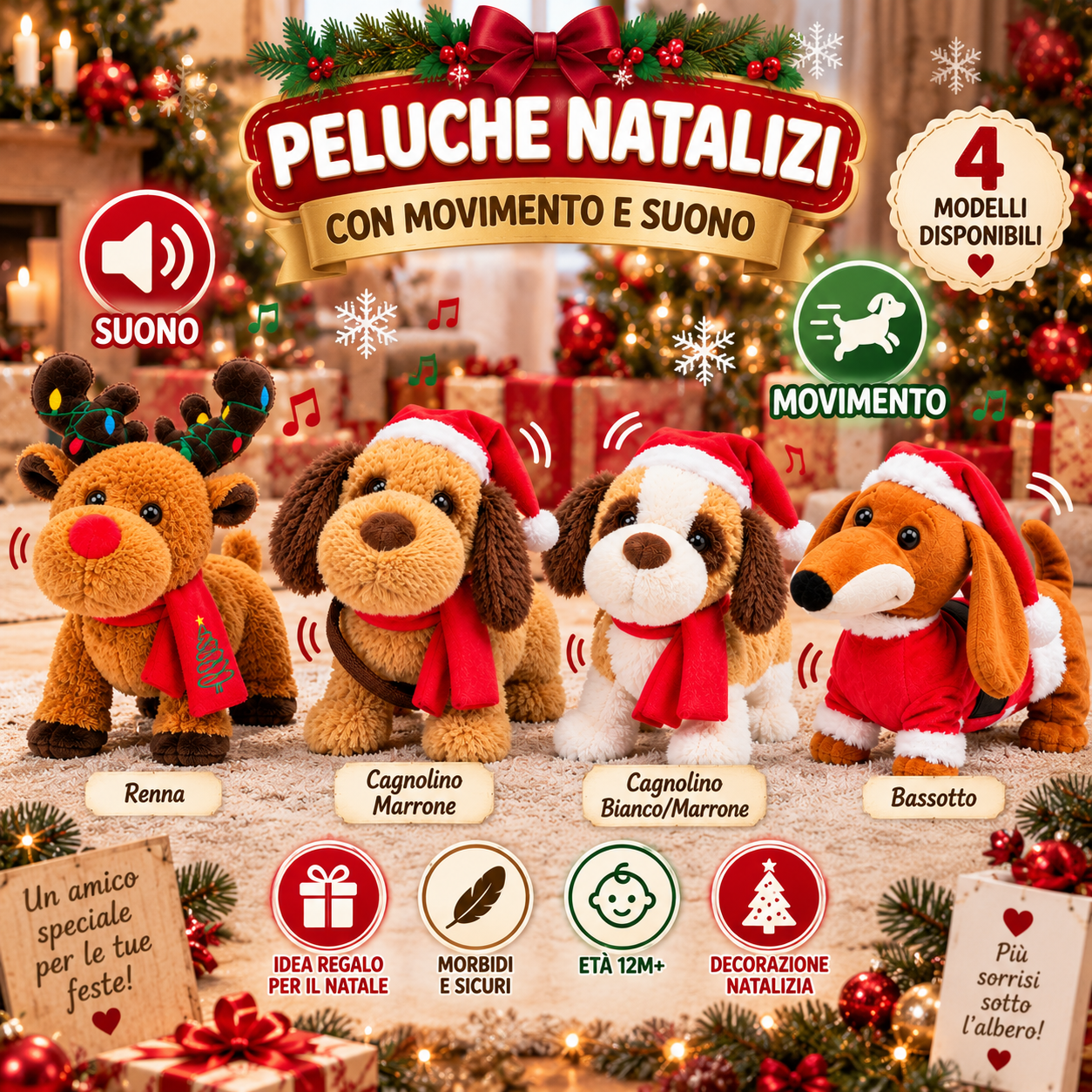  peluche natalizio interattivo con movimento e suono – cagnolino e renna – decorazione e idea regalo di natale - foto 5