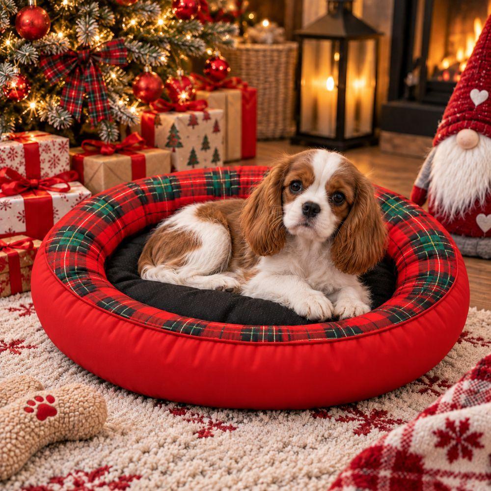 cuccia per animali 45x60 cm con 2 traversine in regalo - foto 3 Cuccia per cani con traversine, motivo a quadri rossi, ambiente natalizio con albero