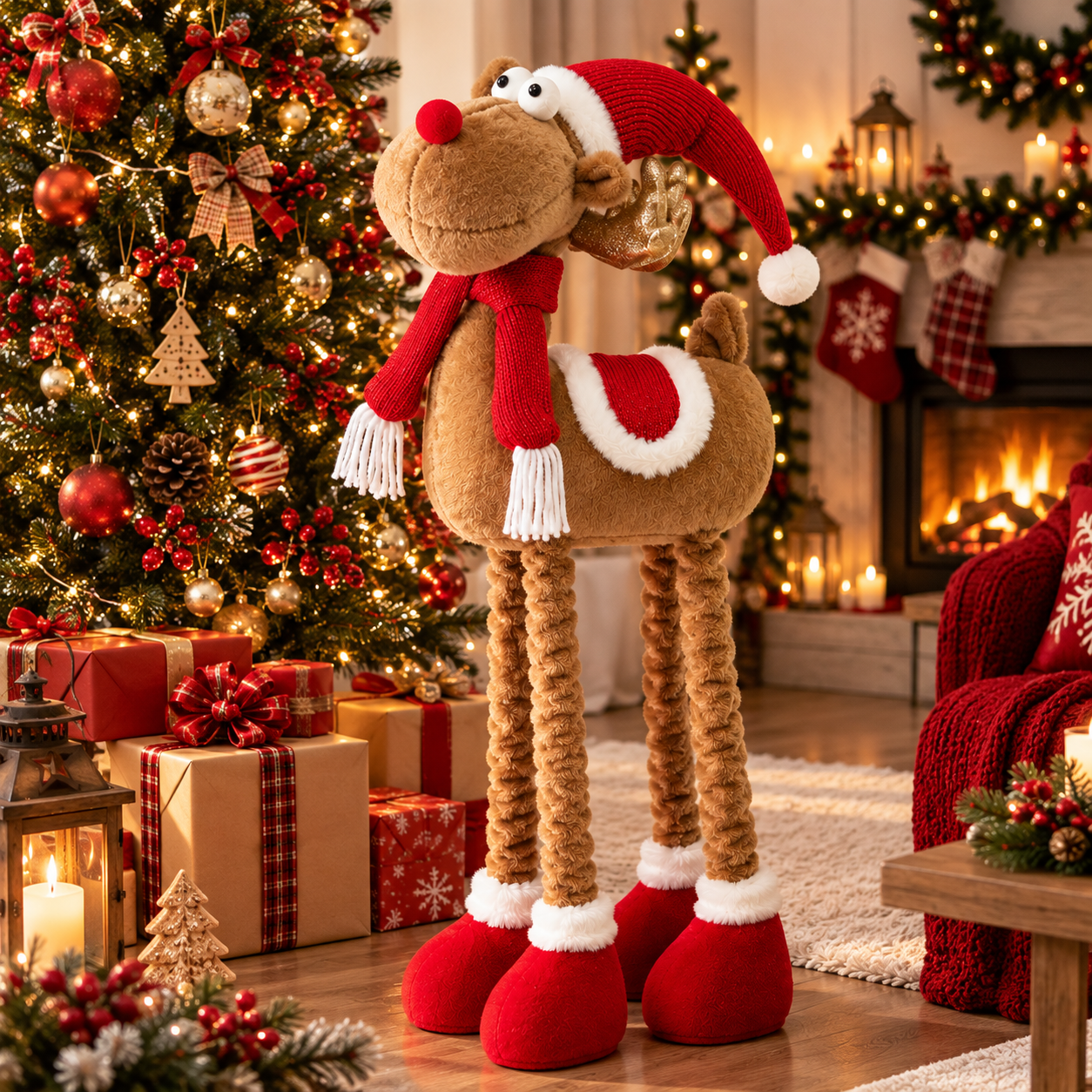 renna natalizia decorativa con gambe allungabili fino a 80cm pupazzo di natale in tessuto con cappello, sciarpa e scarpe - foto 2 renna natalizia decorativa con gambe allungabili fino a 80cm pupazzo di natale in tessuto con cappello, sciarpa e scarpe - foto 2