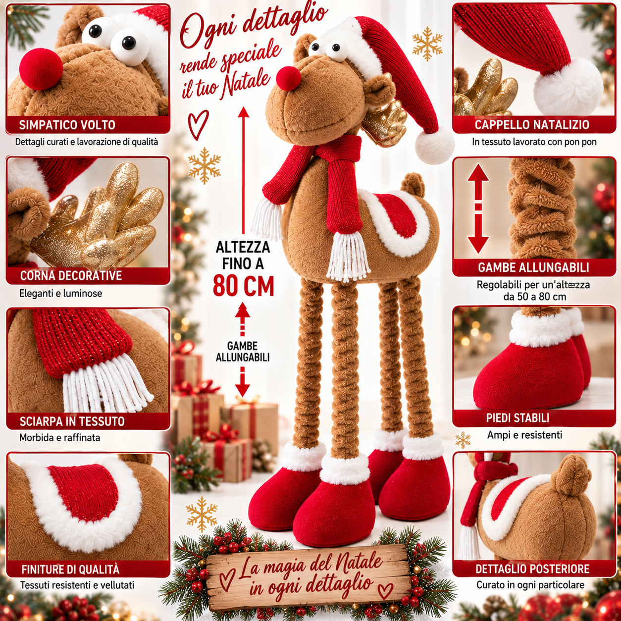 renna natalizia decorativa con gambe allungabili fino a 80cm pupazzo di natale in tessuto con cappello, sciarpa e scarpe - foto 5 renna natalizia decorativa con gambe allungabili fino a 80cm pupazzo di natale in tessuto con cappello, sciarpa e scarpe - foto 5