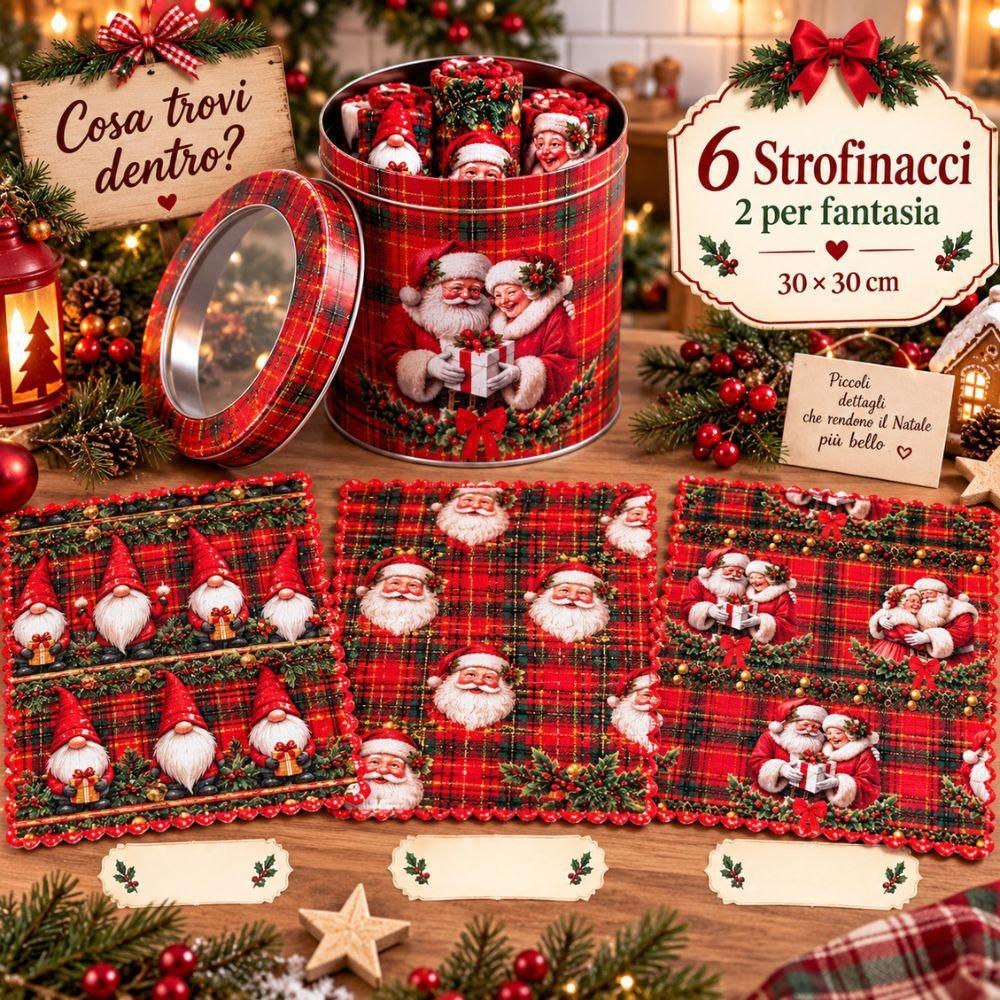  set 6 strofinacci natalizi 30x30 cm con barattolo in latta decorato - foto 2