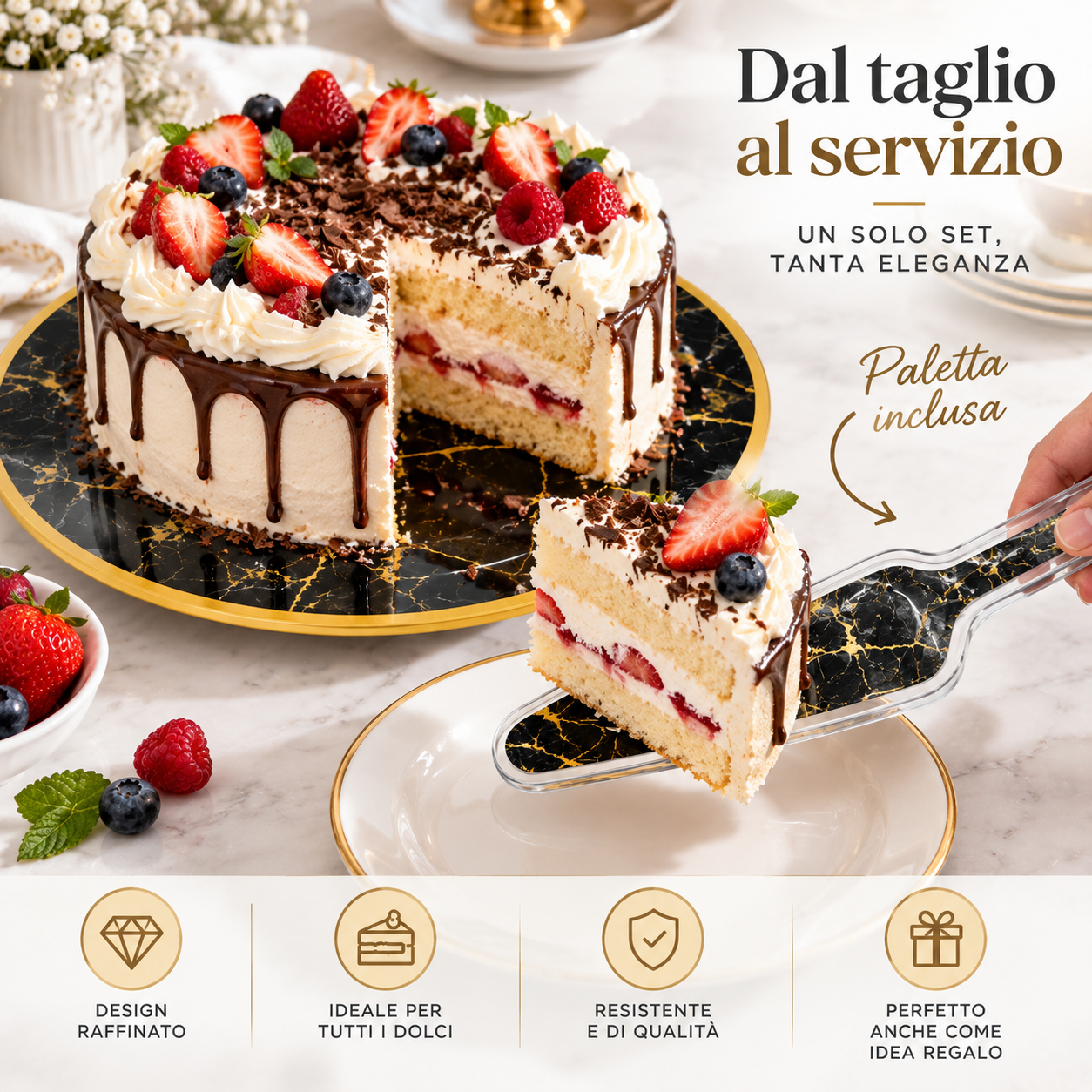 piatto torta rotondo effetto marmo con paletta coordinato - foto 3 piatto torta rotondo effetto marmo con paletta coordinato - foto 3