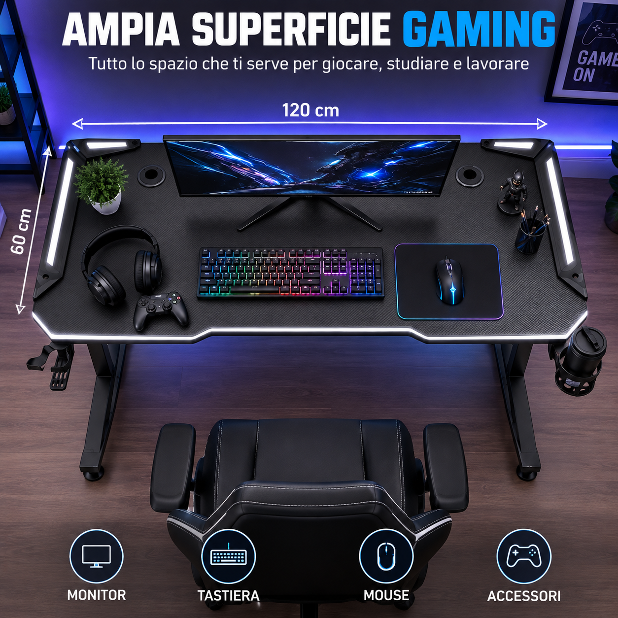  scrivania gaming rgb con luci led  piano effetto carbonio, portabicchiere e supporto cuffie - foto 2