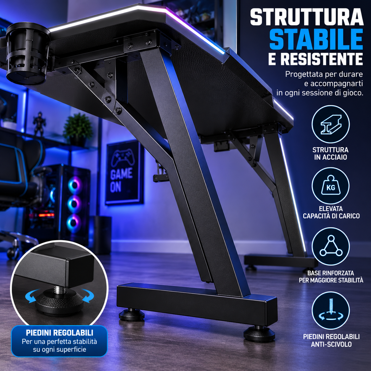  scrivania gaming rgb con luci led  piano effetto carbonio, portabicchiere e supporto cuffie - foto 3