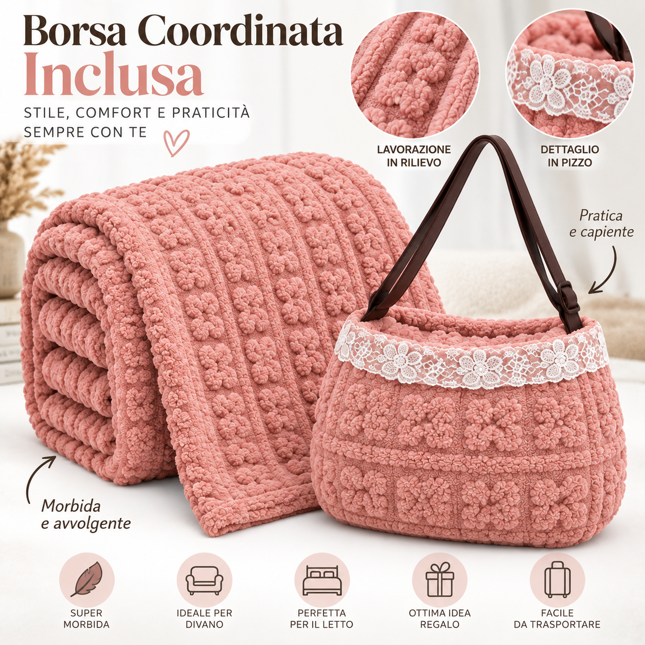  coperta morbida con borsa coordinata  fantasia in rilievo e dettaglio in pizzo - foto 3