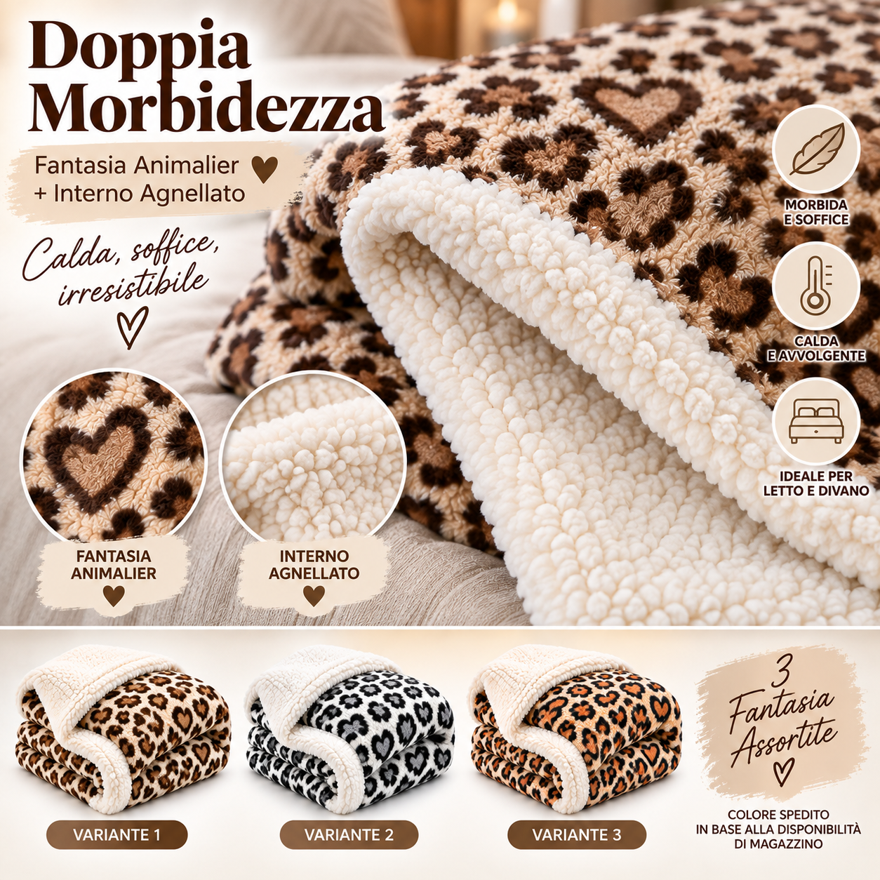  coperta agnellata matrimoniale 200x220 cm animalier con cuori – morbida e calda con borsa coordinata - foto 3