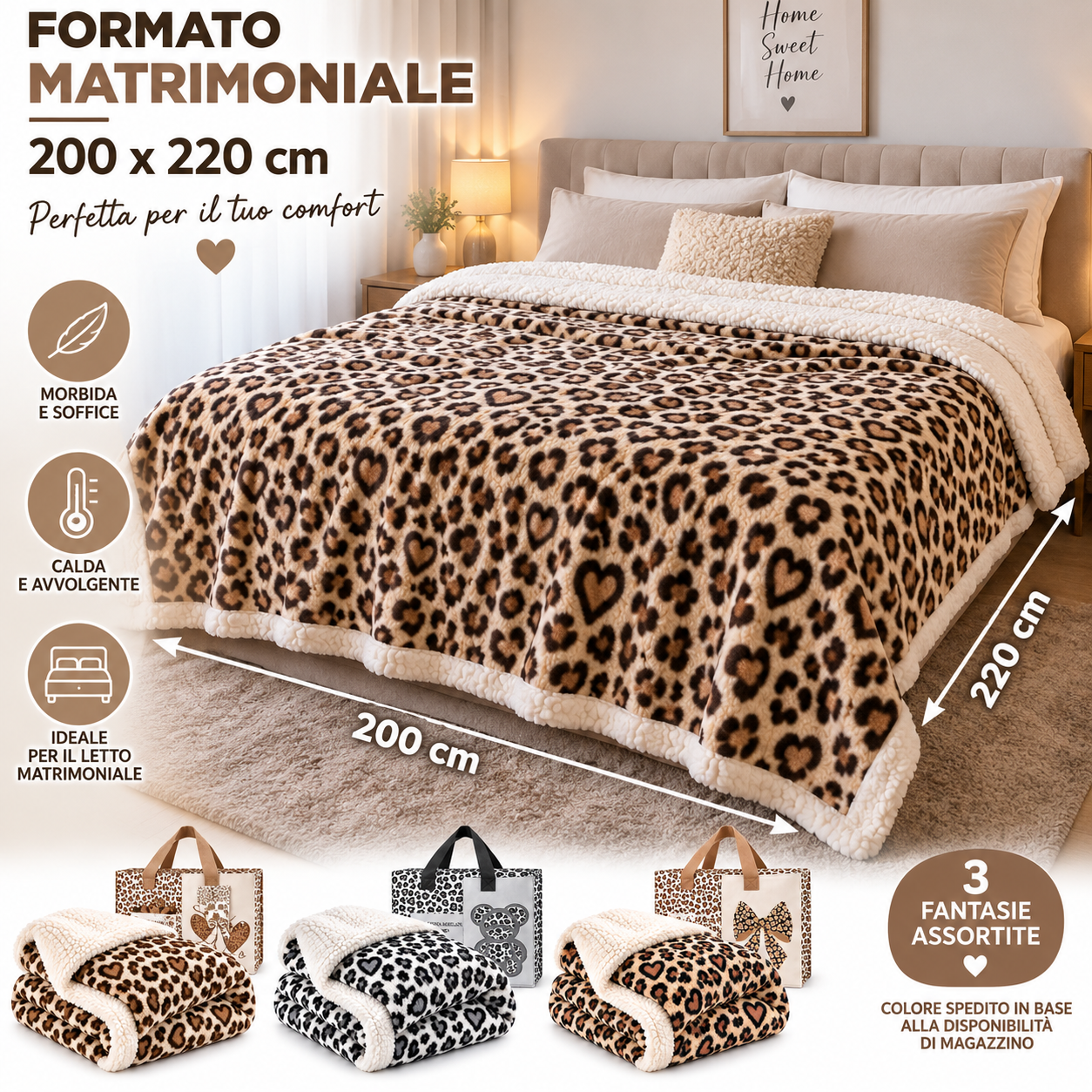  coperta agnellata matrimoniale 200x220 cm animalier con cuori – morbida e calda con borsa coordinata - foto 4