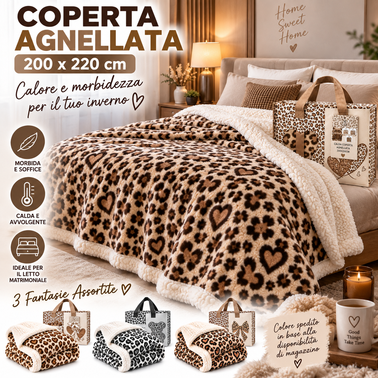  coperta agnellata matrimoniale 200x220 cm animalier con cuori – morbida e calda con borsa coordinata - foto 5