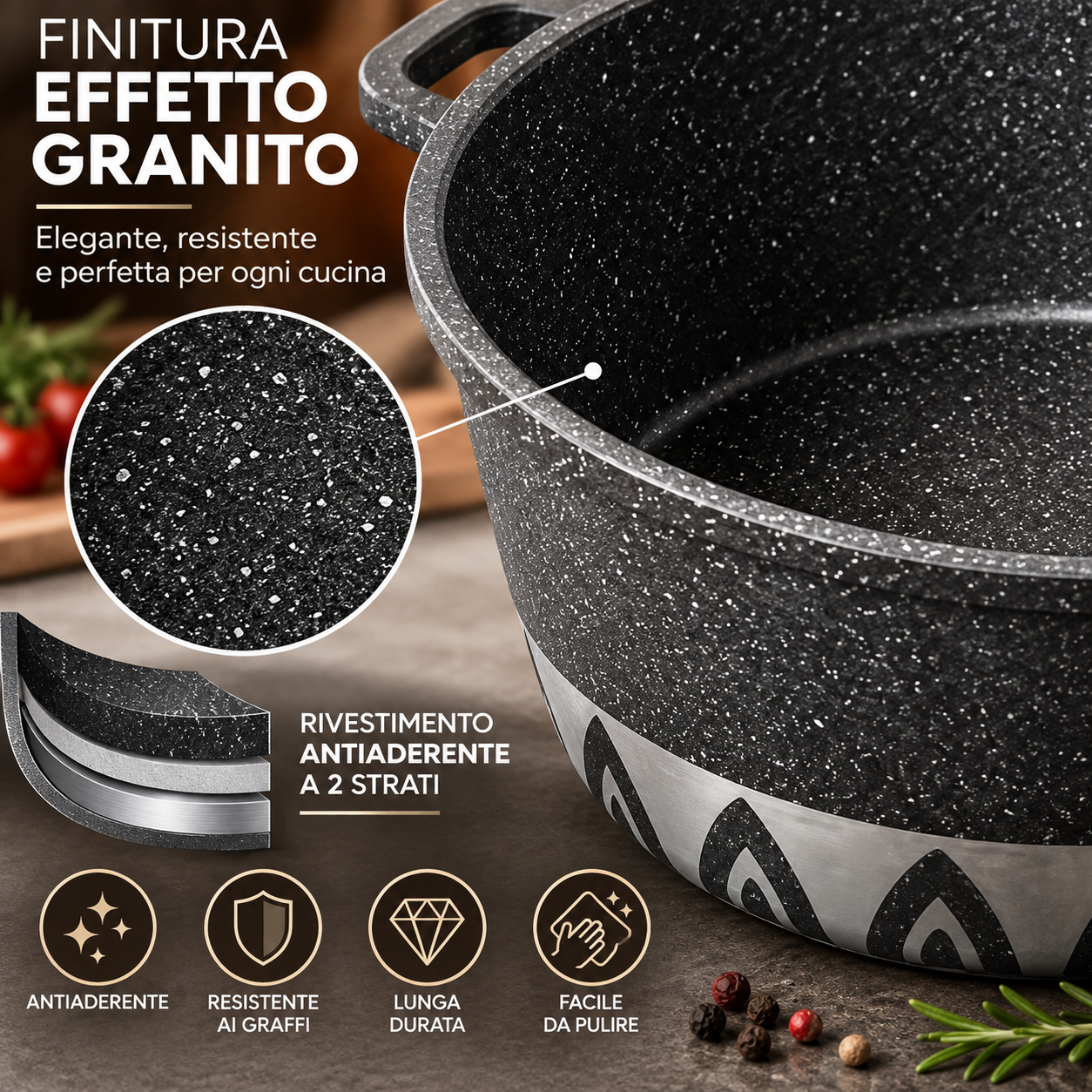  batteria pentole  6 pezzi  antiaderente effetto granito con coperchi in vetro - foto 3